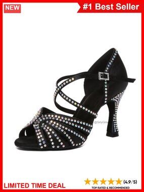 Womens Ballroom Dance Heels Rhinestone Peep Toe Satin Ankle Strap Sandals